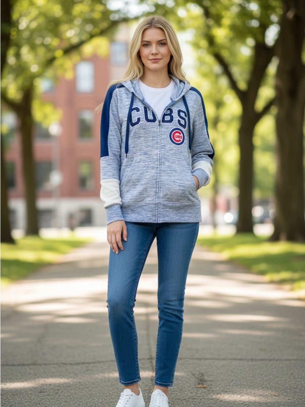 Chicago CUBS Baseball Hoodie Full Zip Jacket Blue White Red, Size Women's Medium